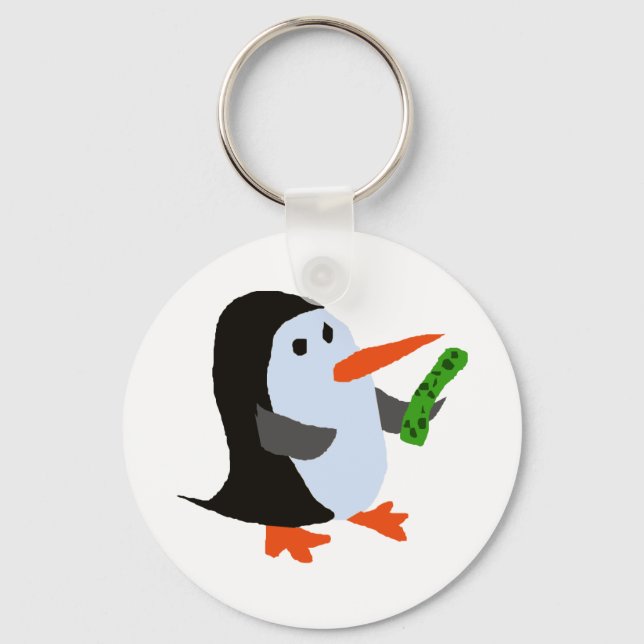 Funny Penguin with a Pickle Shirt Keychain (Front)