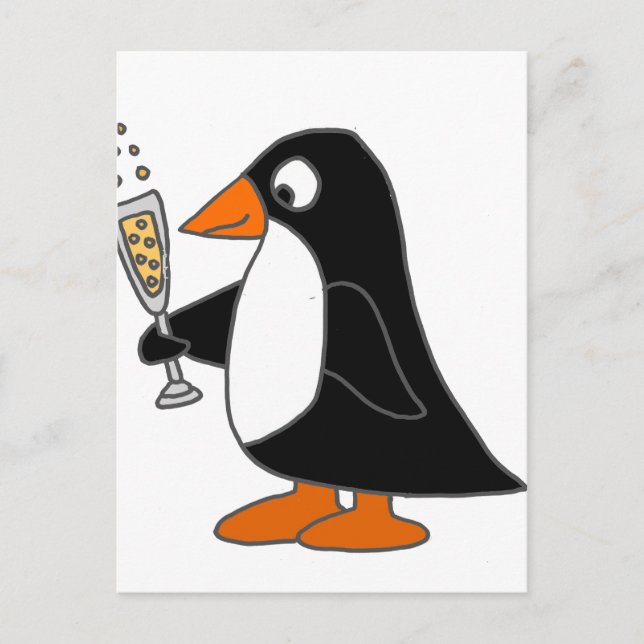 Funny Penguin with Champagne Postcard (Front)