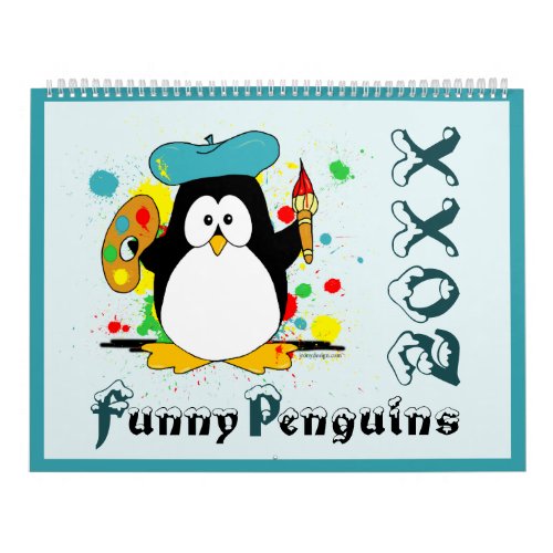 Funny Penguins Cartoon Bold Colors Large Calendar