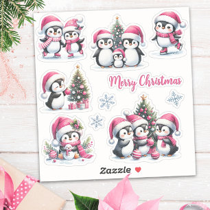 Funny Penguins in Pink Merry Christmas Sticker