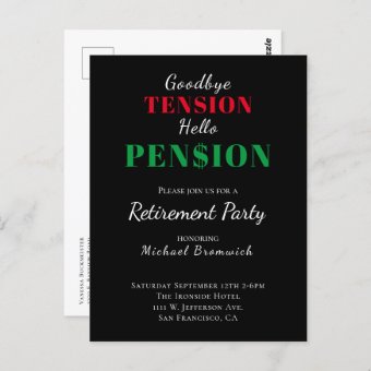 Funny Pension Retirement Party Invitation Postcard | Zazzle