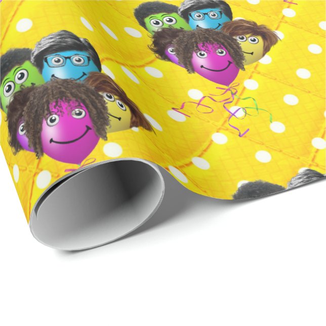 Funny People Balloon Group On Polka Dots Wrapping Paper (Roll Corner)