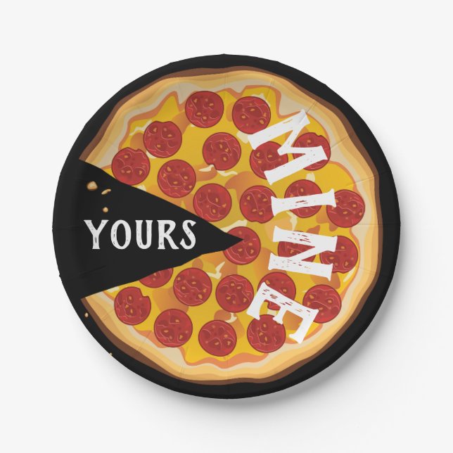 Funny pepperoni pizza cute party red black paper plates (Front)