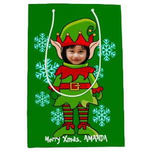 Funny personalised Xmas elf photo frame Medium Gift Bag