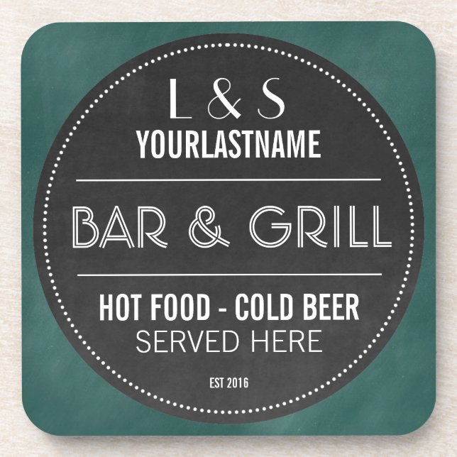 Funny Personalized Bar and Grill Chalkboard Sign Drink Coaster (Front)