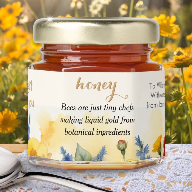 Funny Personalized Bee Humor Honey Jar Favors (A mini jar of honey suitable as a party favor, with floral design,  humorous words and custom text)