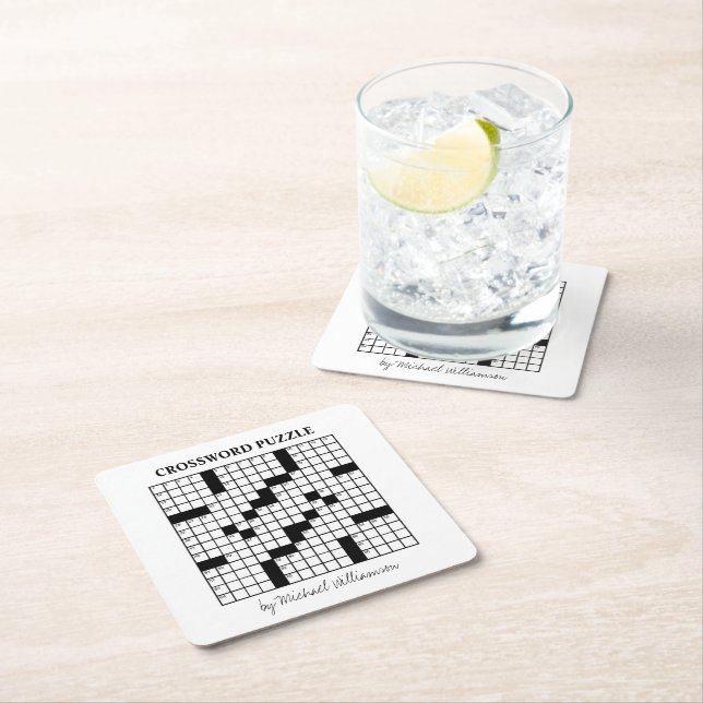 Funny Personalized Black White Crossword Puzzle Square Paper Coaster (Insitu)