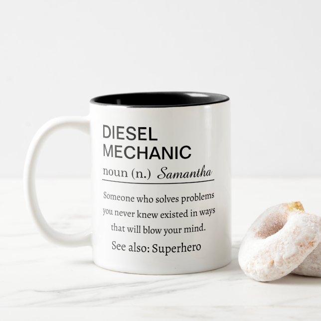 Funny Personalized Diesel Mechanic Definition Two-Tone Coffee Mug (With Donut)