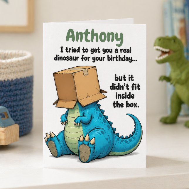Funny Personalized Dinosaur in Box Birthday Card (Creator Uploaded)