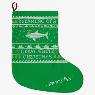 Funny Personalized Dreaming of Great White Shark Large Christmas Stocking