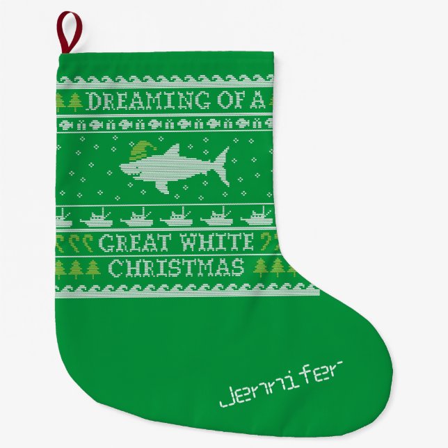 Funny Personalized Dreaming of Great White Shark Large Christmas Stocking (Front)