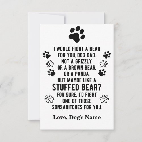 Funny Personalized Fight A Bear For You Dog Dad Thank You Card