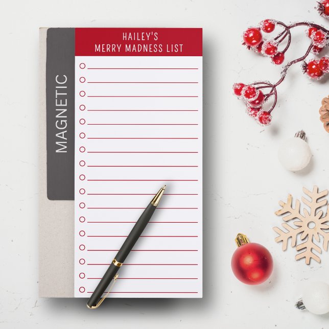 Funny Personalized Holiday Merry Madness Checklist Magnetic Notepad (Personalize with any name for a festive laugh. )