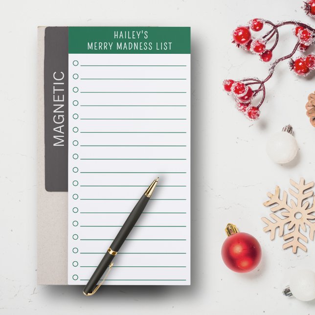 Funny Personalized Holiday Merry Madness Checklist Magnetic Notepad (Funny, affordable personalized holiday gift for anyone juggling it all.)