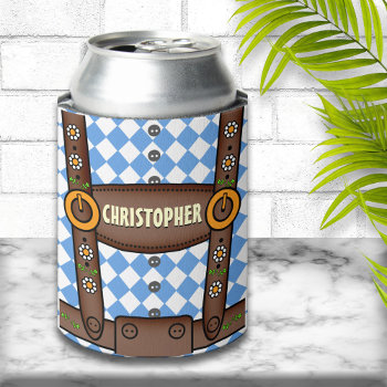 Funny Personalized Lederhosen Oktoberfest Can Cooler by reflections06 at Zazzle