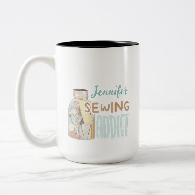 Funny Personalized Name Seamstress Sewing Addict Two-Tone Coffee Mug (Left)