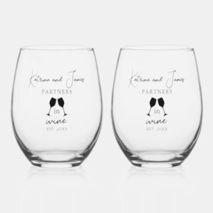 Funny Personalized Partners In Wine Couple's Names Stemless Wine Glass