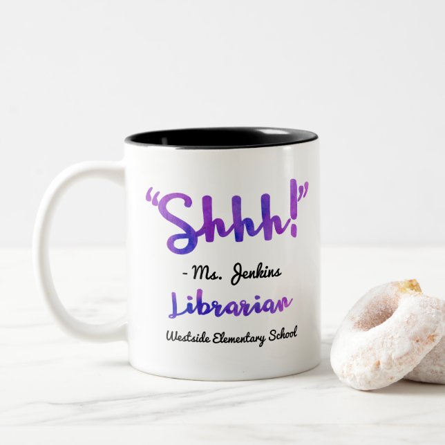 Funny Personalized Shhh! School Librarian Quote Two-Tone Coffee Mug (With Donut)