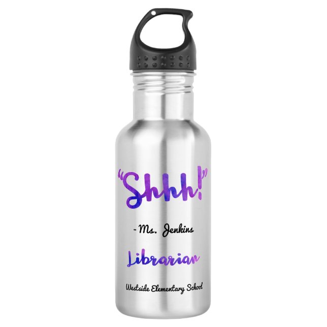 Funny Personalized Shhh! School Librarian Quote Water Bottle (Front)