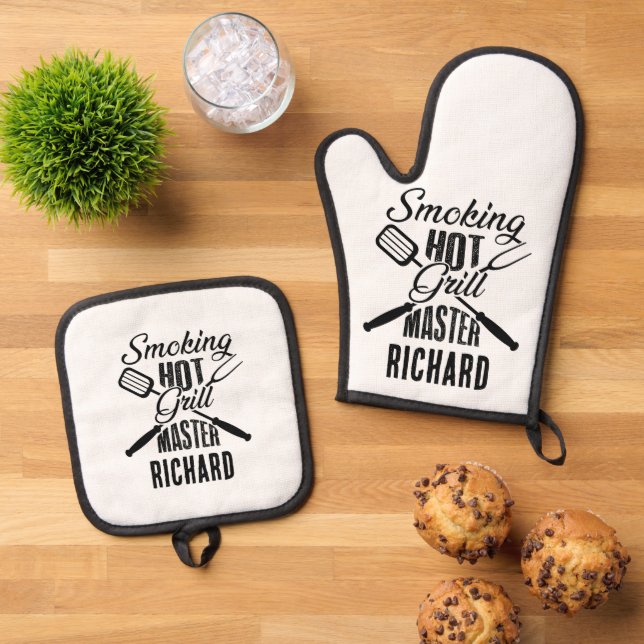 Funny Personalized Smoking Hot Grill Master  Oven Mitt & Pot Holder Set (Top Down)