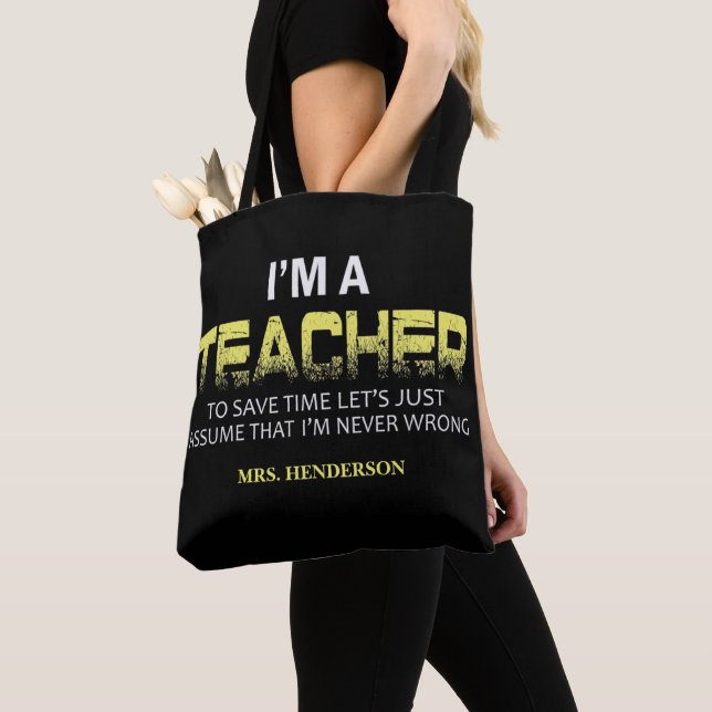 Funny Personalized Yellow Black Teacher Tote Bag (Close Up)