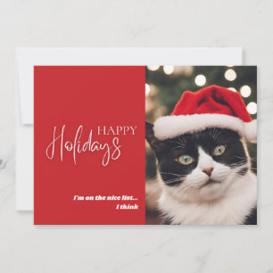 Funny Pet Cat Christmas Nice List Red Holiday Card
