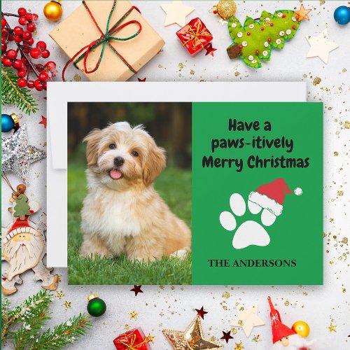 Funny Pet Dog Photo Paw Santa Hat Merry Christmas Holiday Card