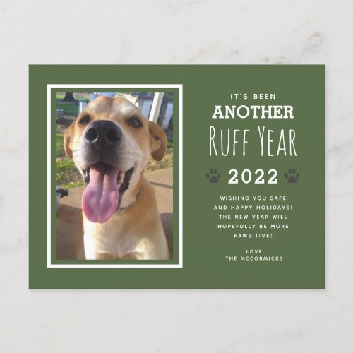 Funny Pet Dog Photo Ruff Year Green Christmas 2022 Holiday Postcard