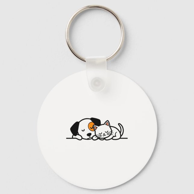 Funny Pet Lover - Cute Cat And Dog Sleeping Togeth Keychain (Front)