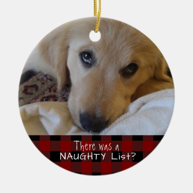 Funny Pet NAUGHTY OR NICE Red Black Buffalo Plaid Ceramic Ornament (Front)