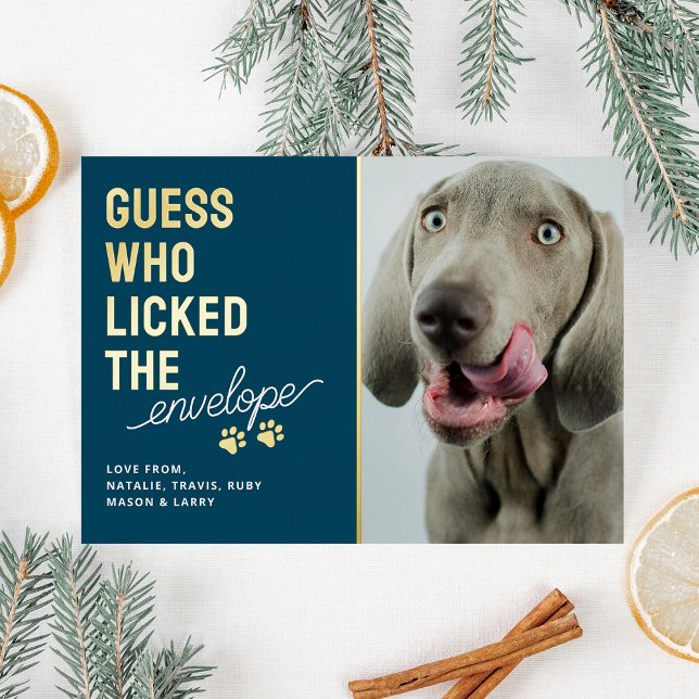 Funny Pet Photo Licked Envelopes Christmas Foil Holiday Card (Creator Uploaded)