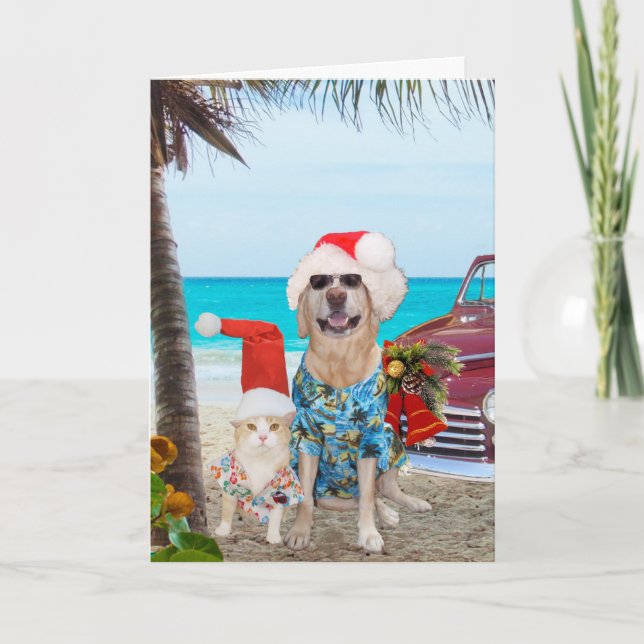 Funny Pets Hawaiian/Surfer Christmas Holiday Card (Front)