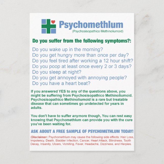Funny Pharmaceutical Medication Ad Postcard (Front)