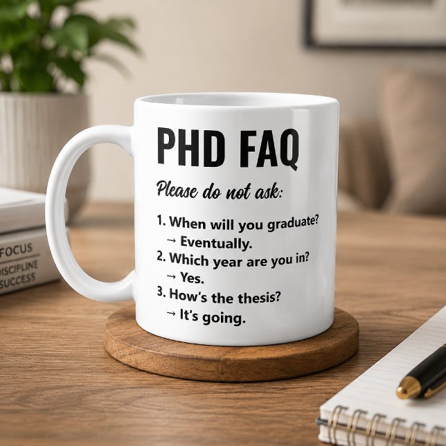 Funny PhD FAQ Coffee Mug for Researchers (Creator Uploaded)