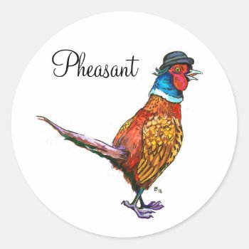 Funny Pheasant In Hat Classic Round Sticker by Goodmooddesign at Zazzle