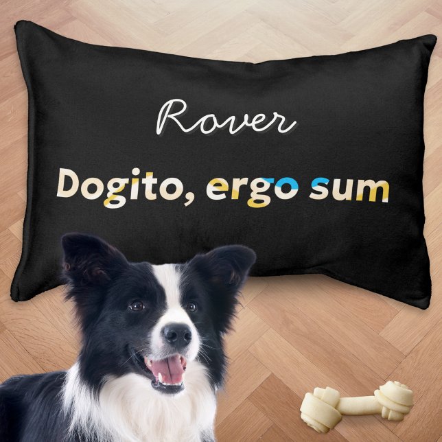Funny Philosophy Humor Pun Black Custom Dog Pet Bed (A personalized dog bed in black, with humorous pun inspired by the philosopher Descartes)