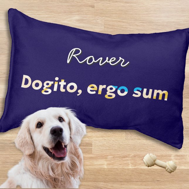 Funny Philosophy Humor Pun Navy Blue Personalized Pet Bed (A personalized, rectangular dog bed, in navy blue, with funny philosophical caption)