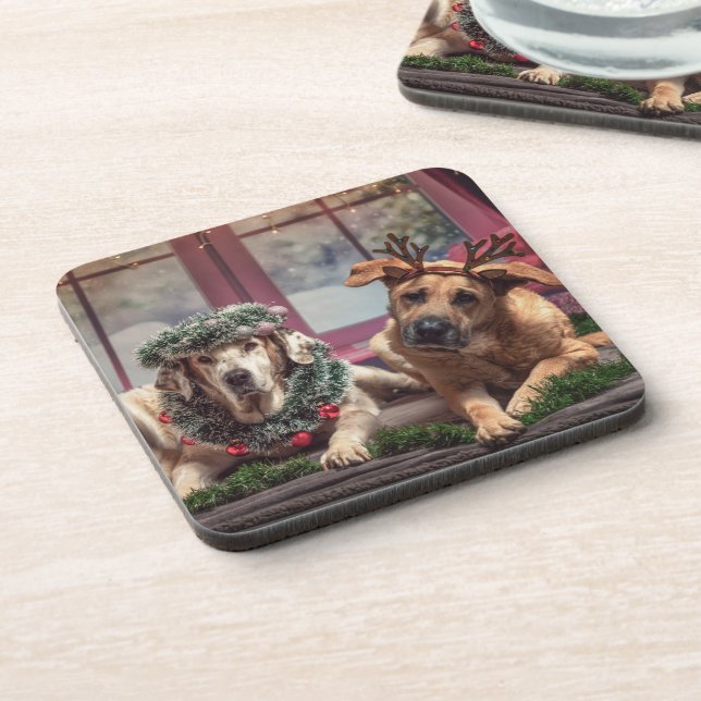 Funny Photo Dogs in Christmas Antlers and Headwear Beverage Coaster (Left Side)