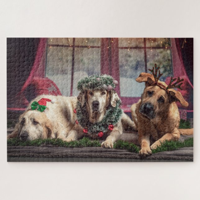 Funny Photo Dogs in Christmas Antlers and Headwear Jigsaw Puzzle (Horizontal)