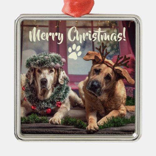 Funny Photo Dogs in Christmas Antlers and Headwear Metal Ornament