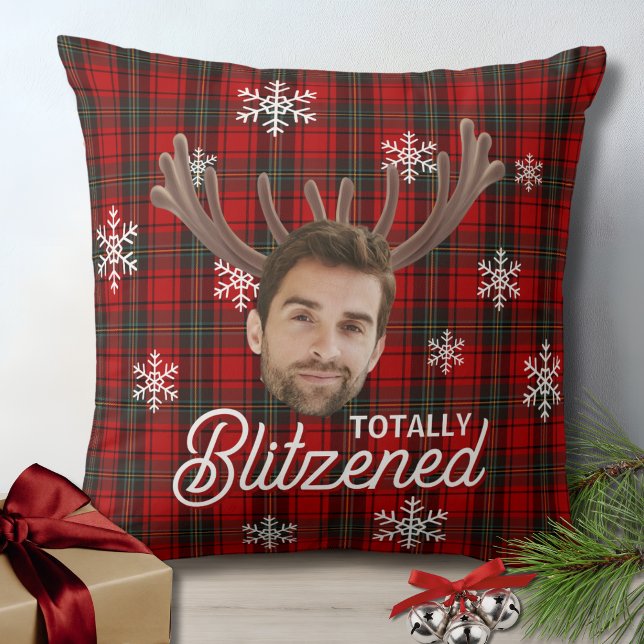 Funny Photo Face Blitzened Christmas Custom Gift Throw Pillow (funny face totally blitzened christmas pillow with red plaid, snowflakes for white elephant gifts)
