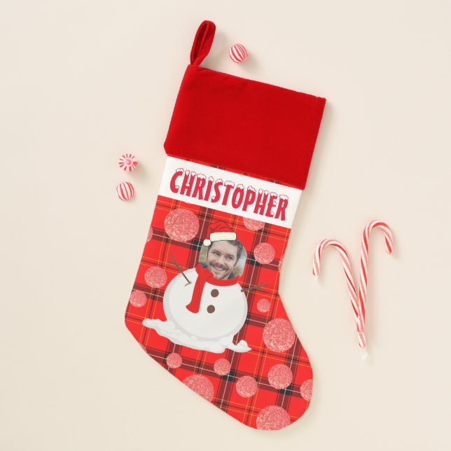 Funny Photo Face Red Plaid Snowman Cartoon Christmas Stocking (Front)