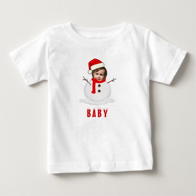 Funny Photo Face Snowman Christmas Baby T-Shirt (Front)