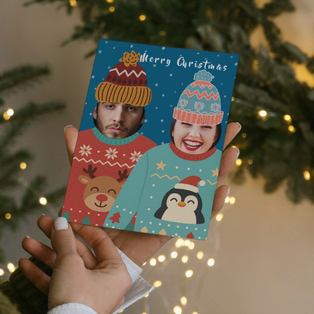 Funny Photo Personalized Christmas Jumper Holiday Card (Funny Photo Personalized Christmas Jumper Holiday Card by Ricaso. Add your own faces, couples cards)