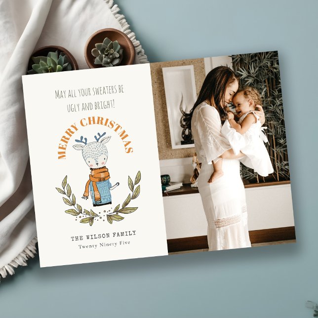 Funny Photo Ugly Sweater Leafy Reindeer Christmas Holiday Postcard (Creator Uploaded)