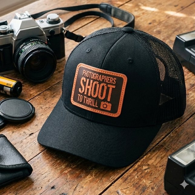 Funny Photographers Shoot to Thrill Camera Leather Patch Hat (Photographers Shoot to Thrill Leather Patch Hat Cover Photo)