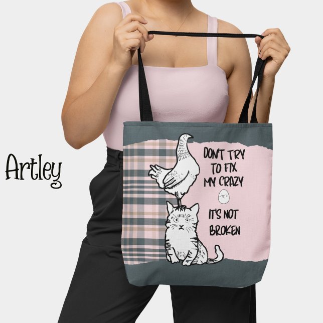 Funny Phrase Cat and Chicken Pink Plaid  Tote Bag (Creator Uploaded)
