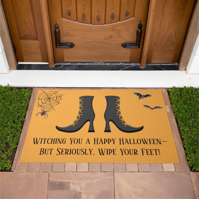 Funny Phrase Witch Boots Bats Spider Web Halloween Doormat (Outdoor)