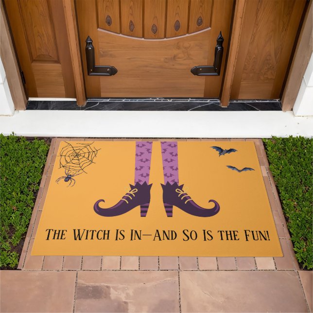 Funny Phrase Witch Boots Bats Spider Web Halloween Doormat (Outdoor)
