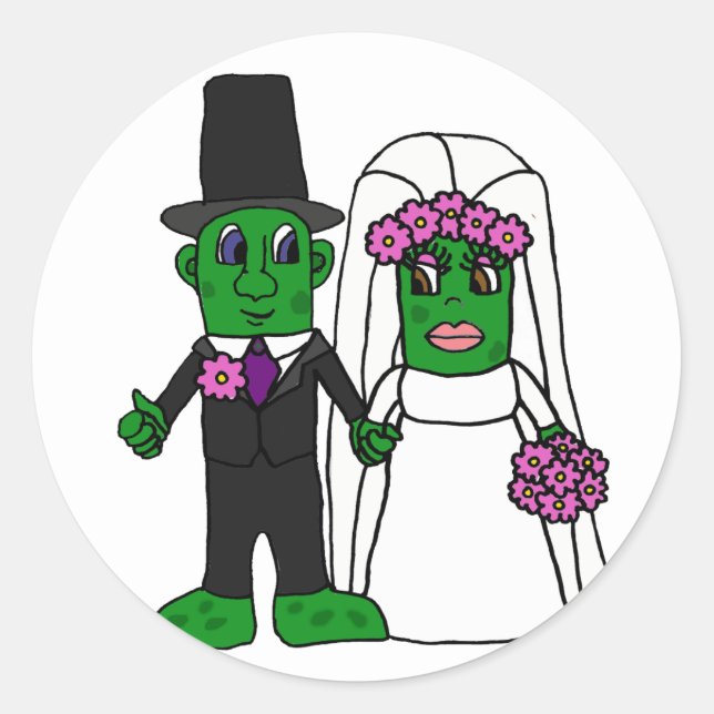 Funny Pickle Bride and Groom Wedding Art Classic Round Sticker (Front)